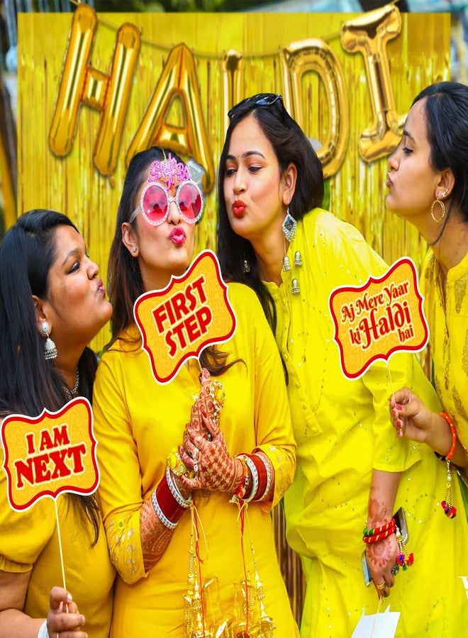Zyozique Haldi Ceremony Decoration,Haldi Ceremony Decoration Kit, 1 Set Haldi Foil Balloon 2 Golden Curtain and 15 Pcs Hald Photo Booth Props Combo Bachelorette Bridal Shower Party (Pack of18) - Image 5